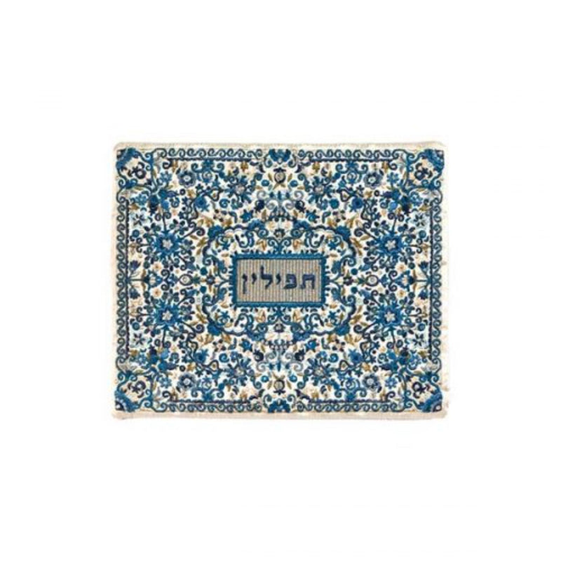 Full Embroidery Tefillin Bag in Blues by Yair Emanuel