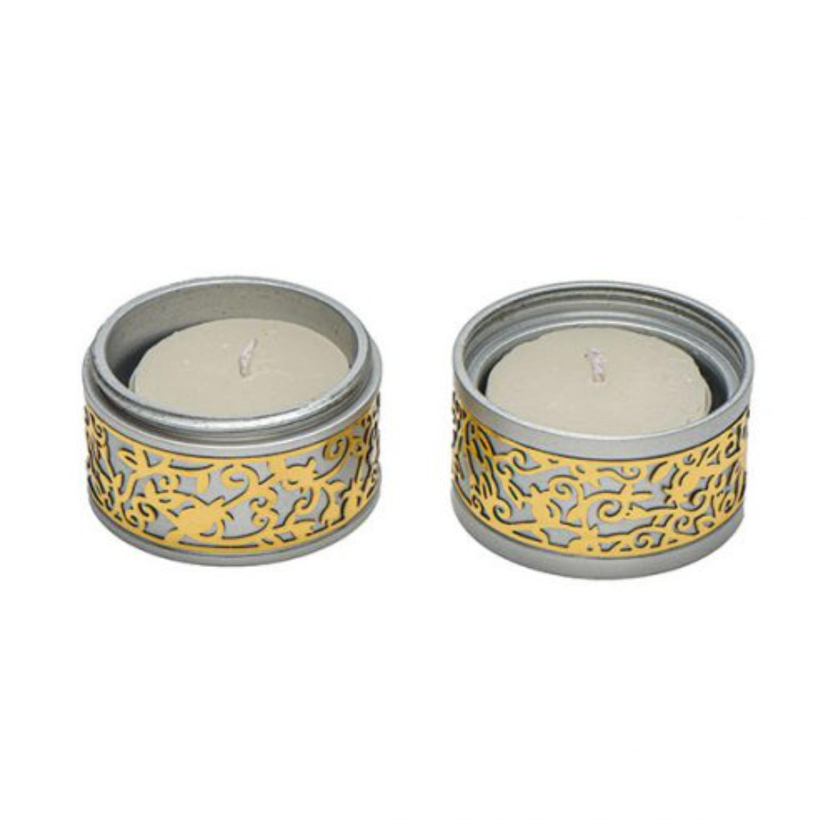 Travel Cut Out Aluminium Shabbat Candlesticks in Siver/Gold by Yair Emanuel