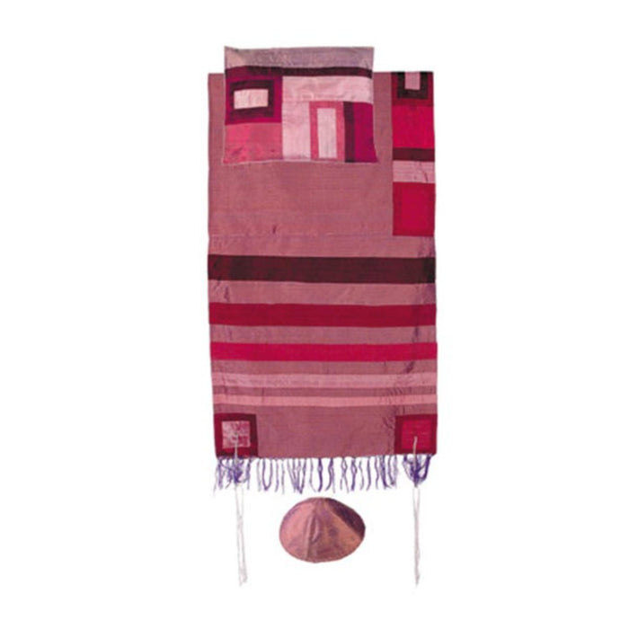 Raw Silk Tallit with Pink Coloured Stripes with Tallit Bag/Kippah by Yair Emanuel