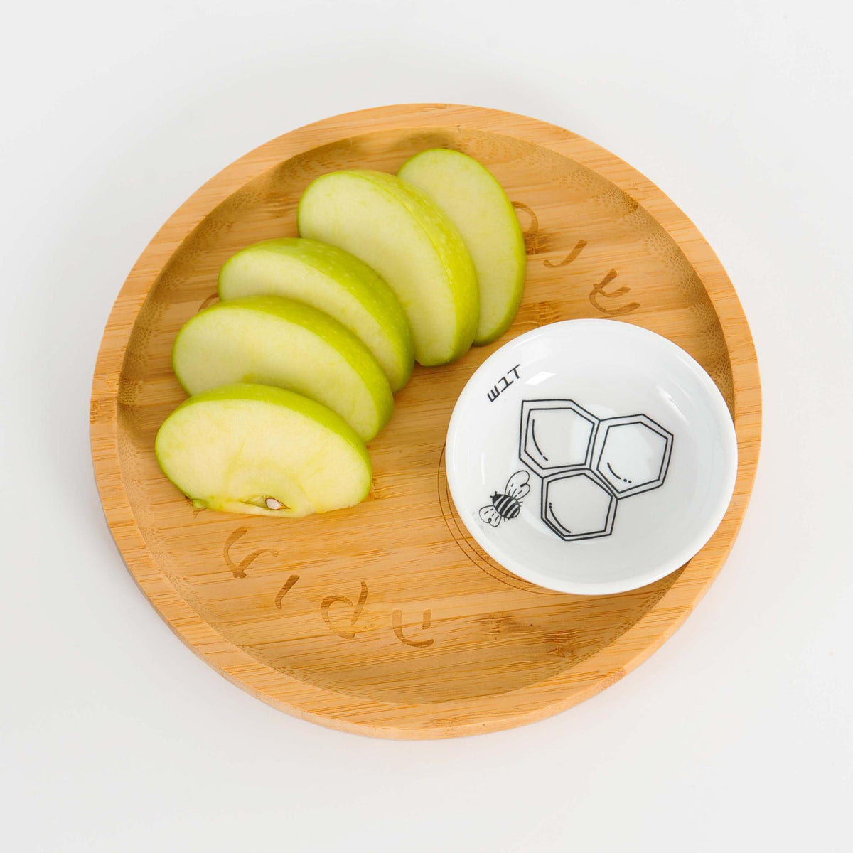 'Bee' Bamboo and Ceramic Apple and Honey Dish Set For Rosh Hashanah with Black illustrations by Mickala Design