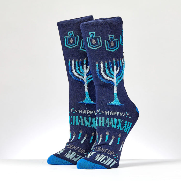 Chanukah Socks With Fuzzy Chanukiah, Adult Size in a Gift Box