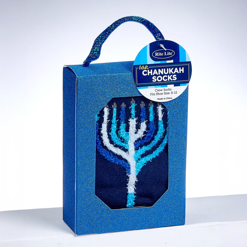 Chanukah Socks With Fuzzy Chanukiah, Adult Size in a Gift Box