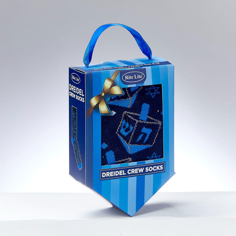 Chanukah Adult Crew Socks, Dreidels and Stars in Dreidel Gift Box