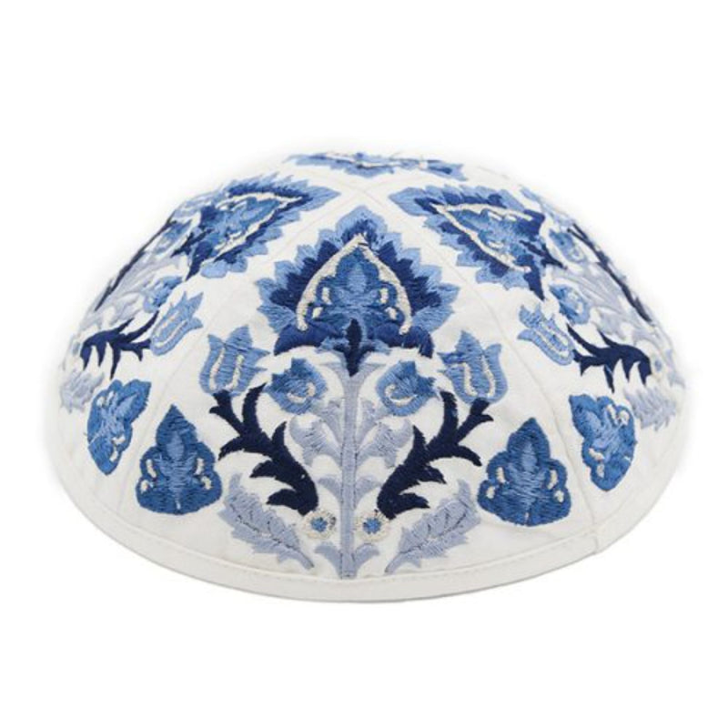 Embroidered Antique Design in Blues Kippah by Yair Emanuel