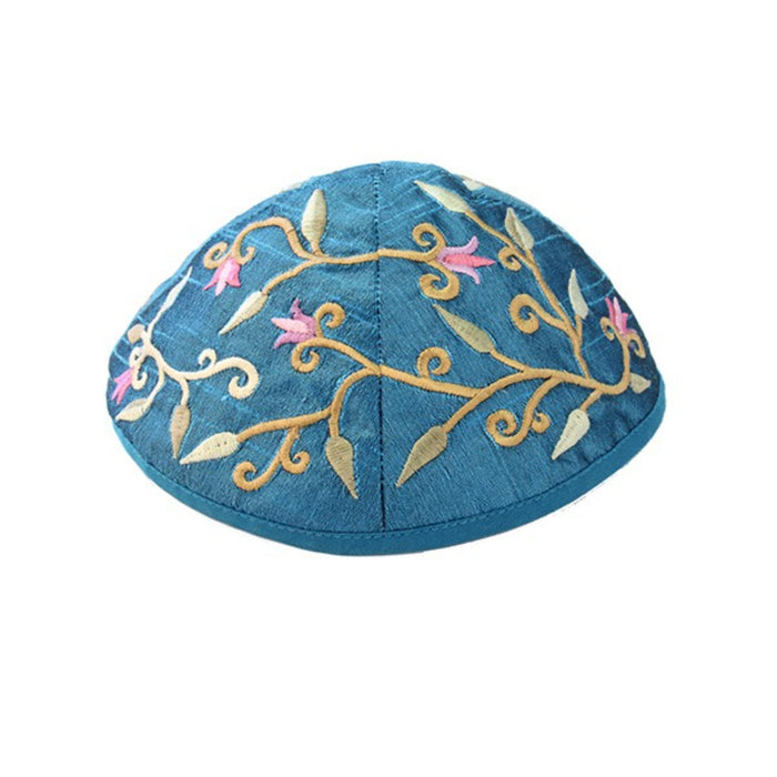 Embroidered Silk Kippah - Turquoise Flowers by Yair Emanuel