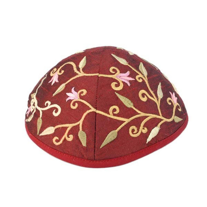 Embroidered Silk Kippah - Maroon Flowers by Yair Emanuel