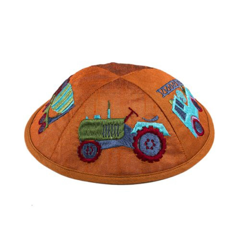 'Trucks' Kippah Silk Embroidered in Orange by Yair Emanuel