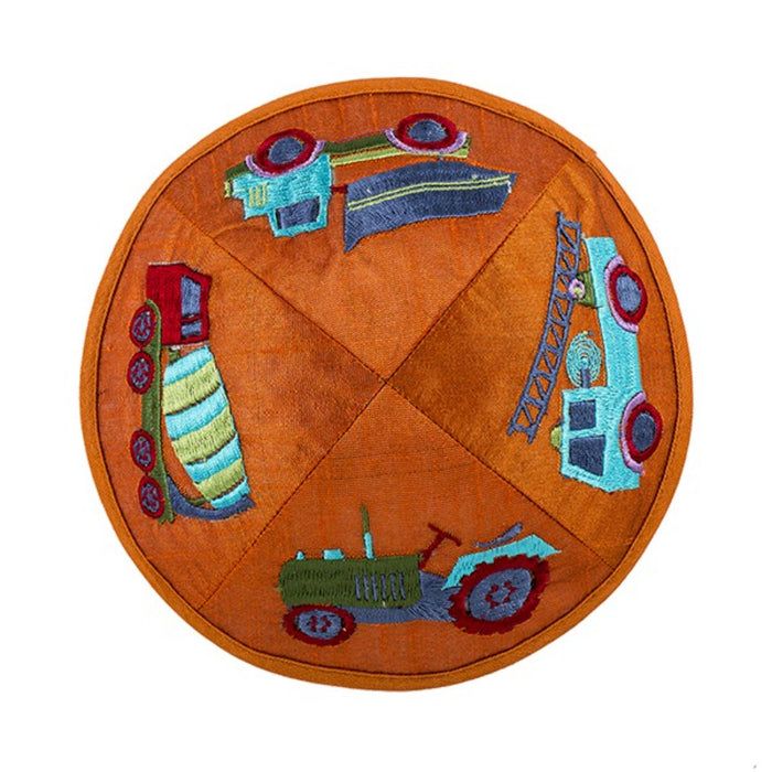 'Trucks' Kippah Silk Embroidered in Orange by Yair Emanuel