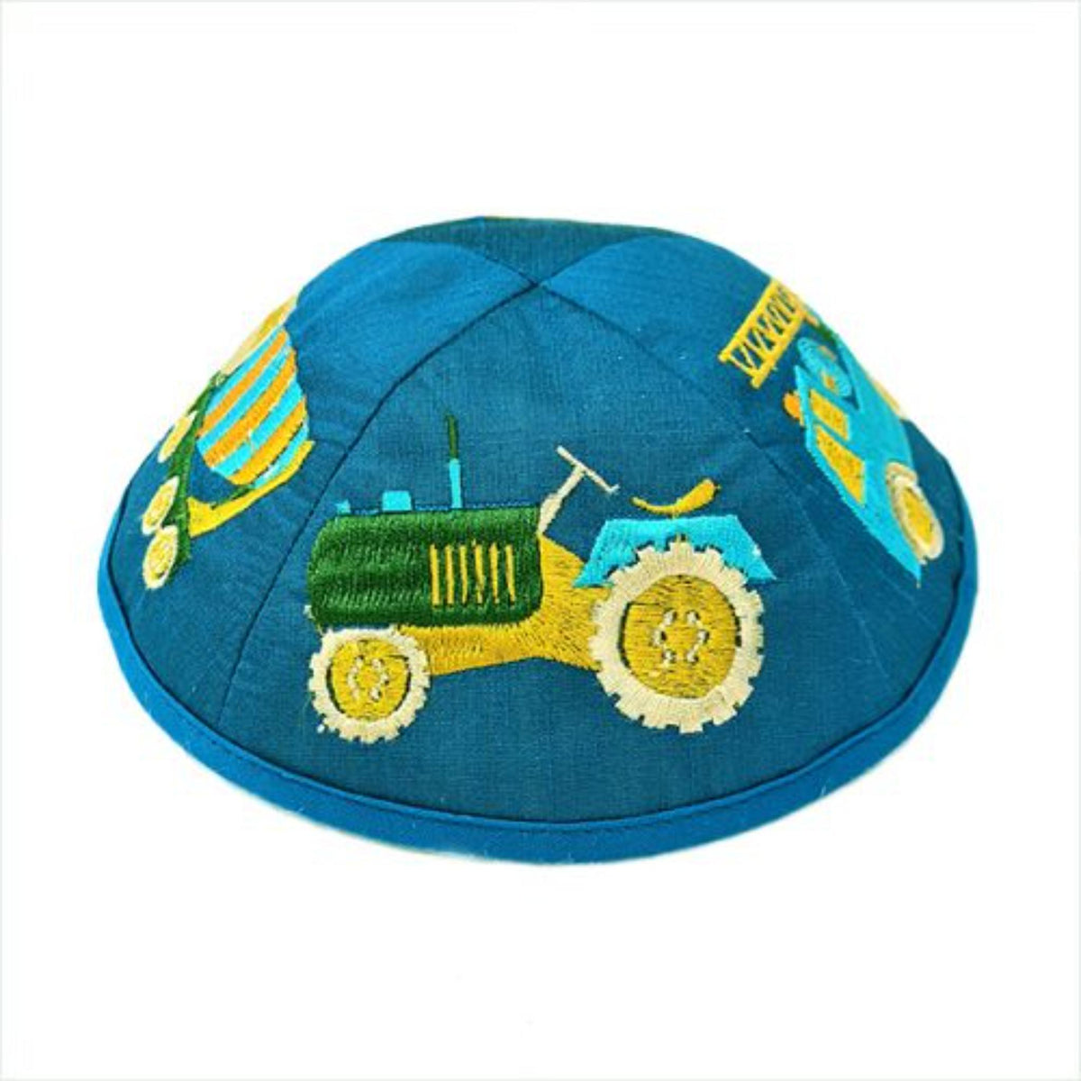 'Trucks' Kippah Silk Embroidered in Blues by Yair Emanuel