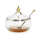 Art Deco Gold Symmetric Design Honey Pot and Spoon in Glass with Stainless Steel Lid