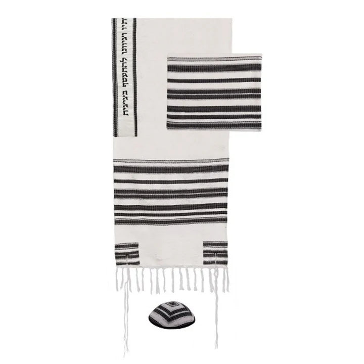 Silk/Cotton Hand Woven Black and White Medium Tallit with Atara with Hebrew Blessing and Matching Bag/Kippah by Yair Emanuel