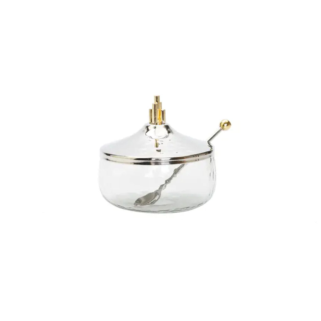 Art Deco Gold Symmetric Design Honey Pot and Spoon in Glass with Stainless Steel Lid