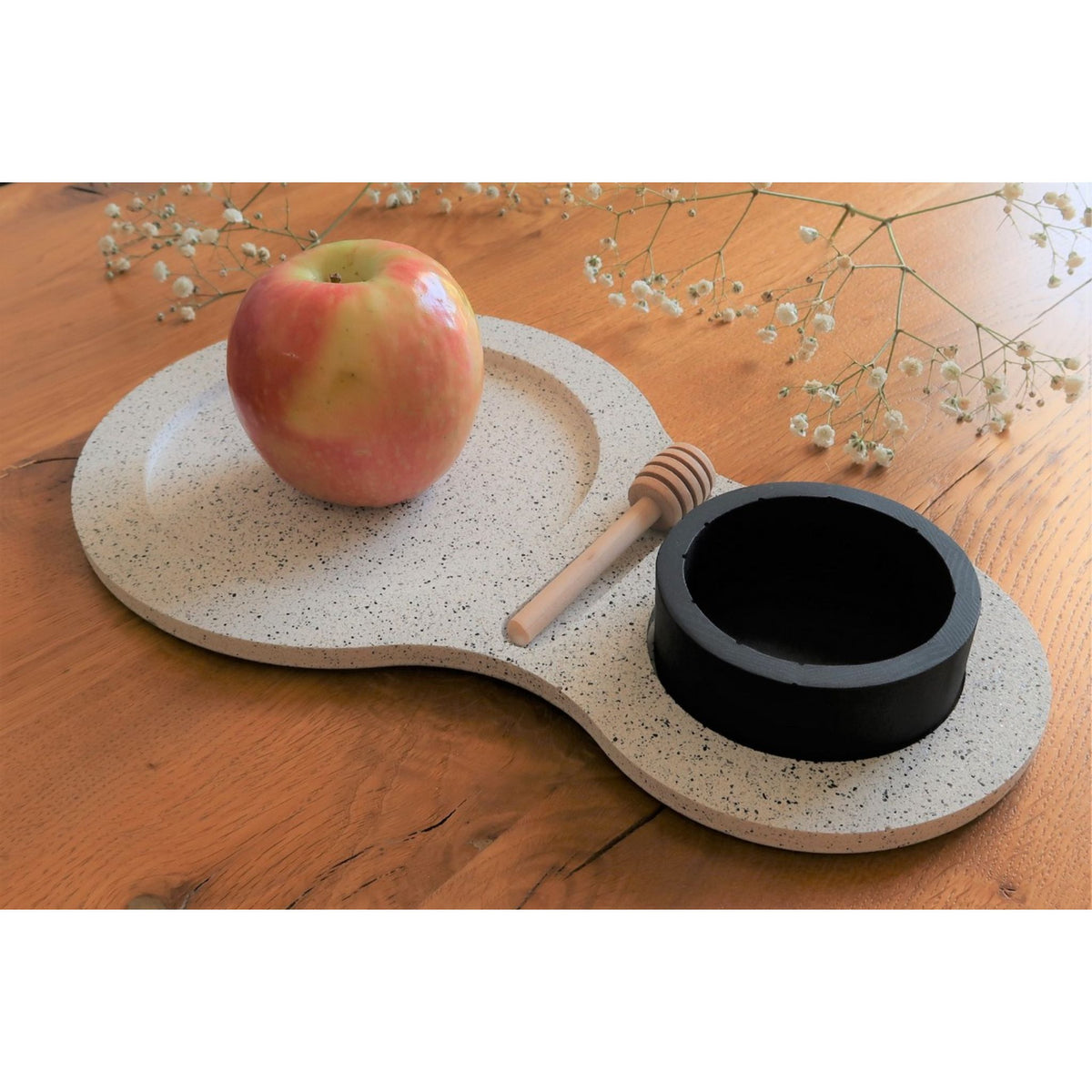 White Terrazzo Granite Apple Tray and Black Honey Bowl by Graciela