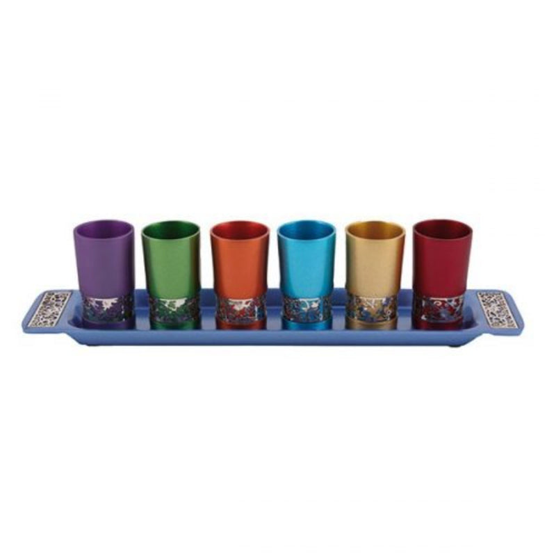 Pomegranate Cut Out Multi Coloured Kiddush Small Cup Set of 6 and Tray by Yair Emanuel