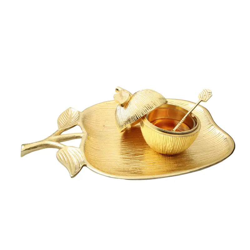 Large Apple Shaped Honey Dish and Apple Plate in Gold