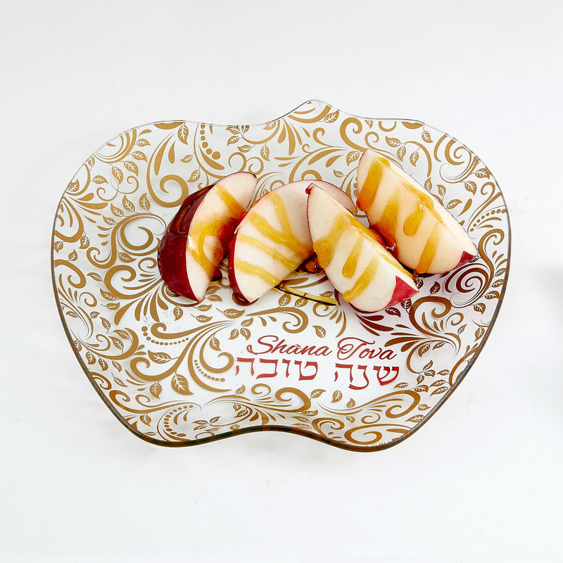 Rosh Hashanah Glass Apple Plate with Gold & Red Design