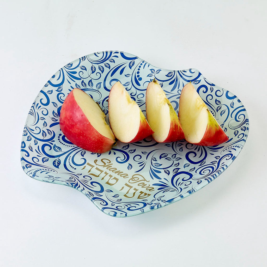 Rosh Hashanah Glass Apple Plate with Blue & Gold Design
