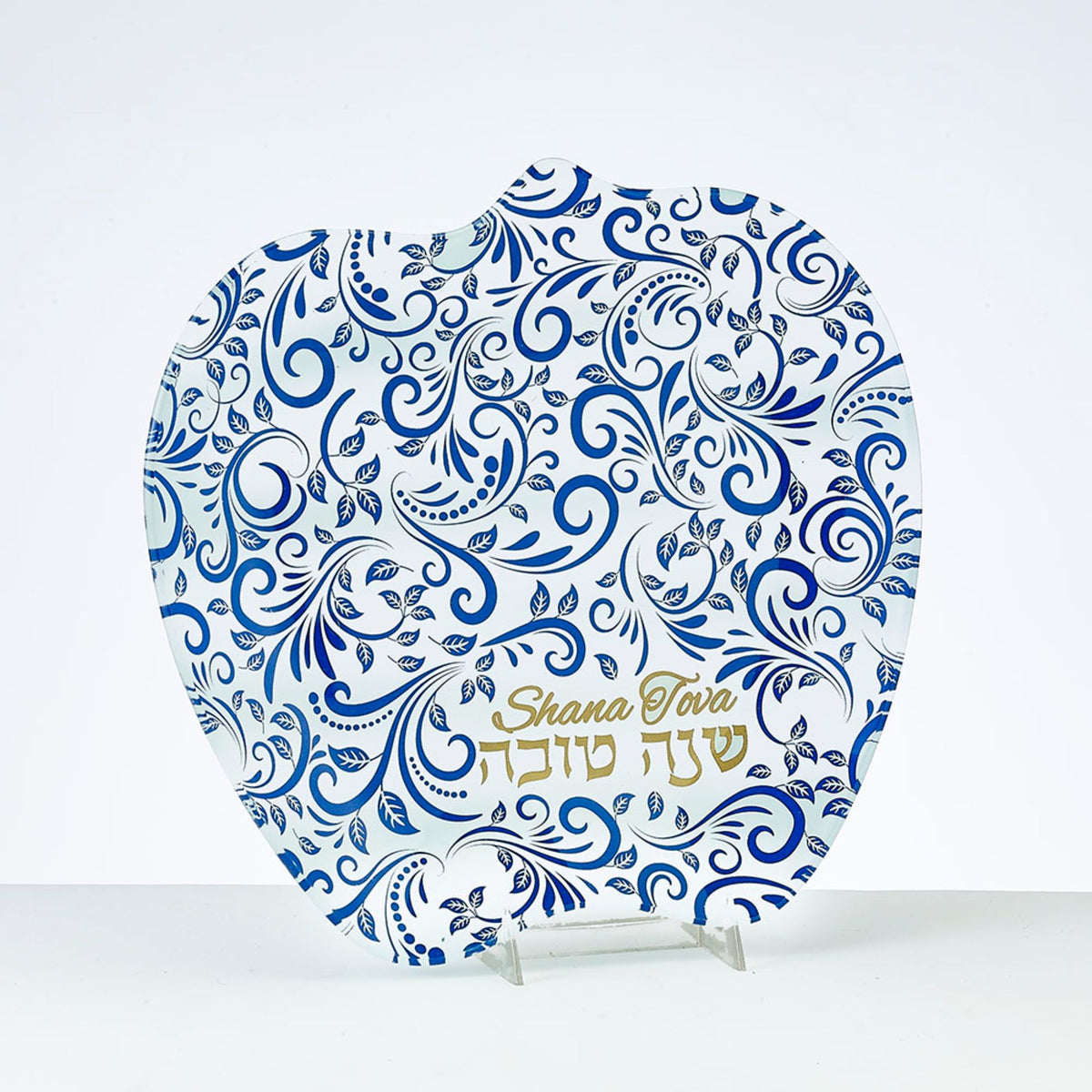Rosh Hashanah Glass Apple Plate with Blue & Gold Design