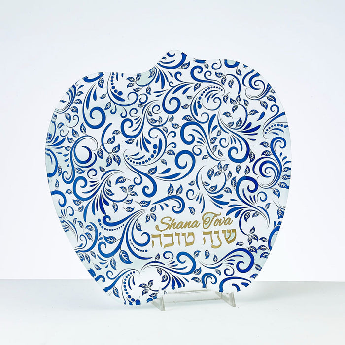 Rosh Hashanah Glass Apple Plate with Blue & Gold Design