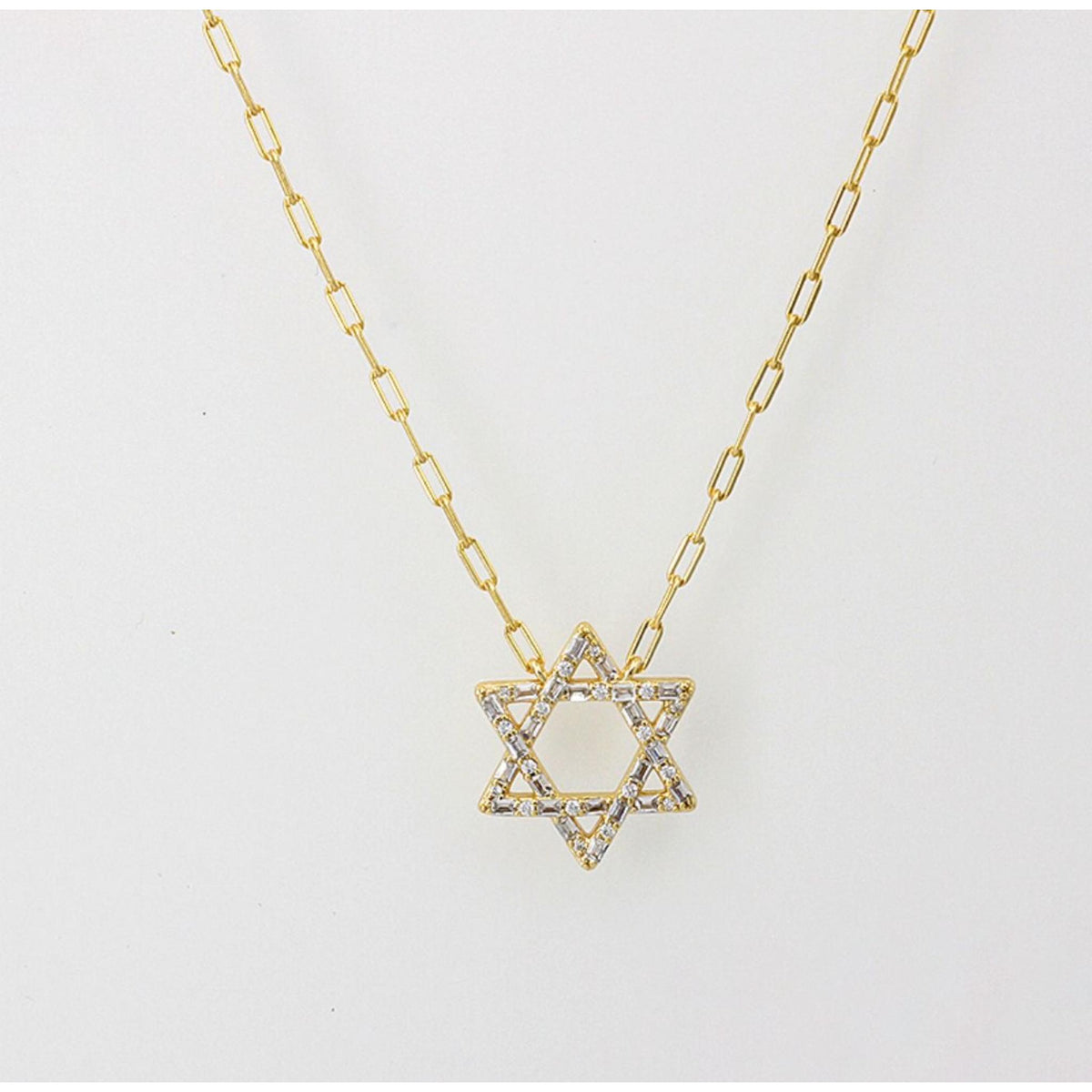 Star of David Pendant Necklace with Paper Clip Chain in Gold CZ Stones by Penny Levi