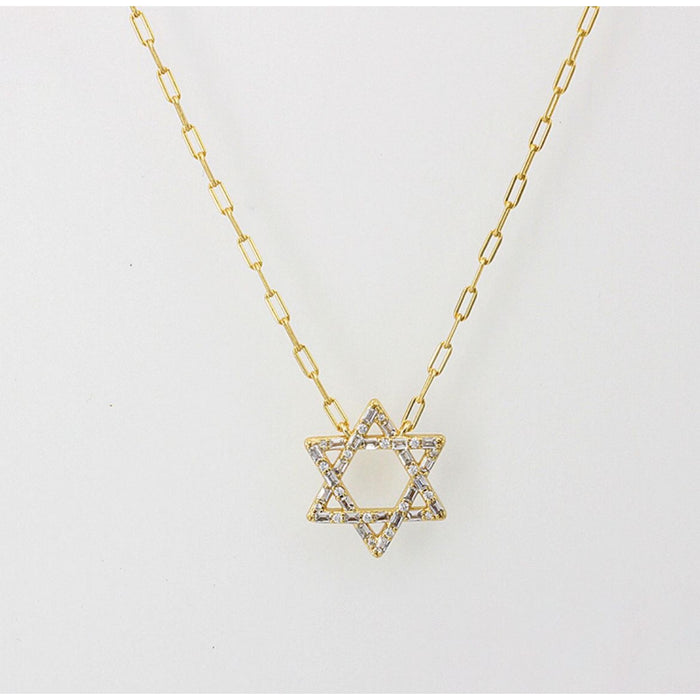 Star of David Pendant Necklace with Paper Clip Chain in Gold CZ Stones by Penny Levi