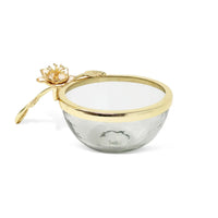 Glass Honey Dish with Gold Enamel Flower Design
