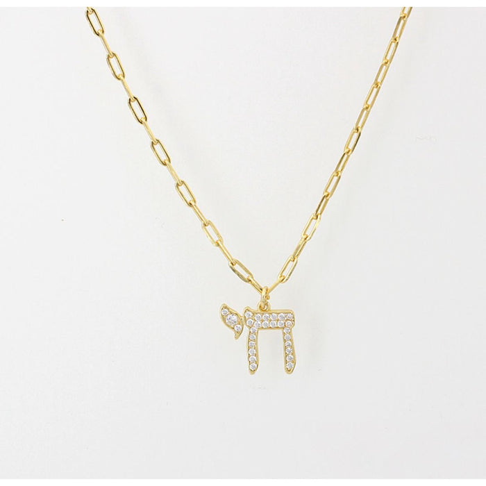 Chai 'Life' Necklace in Gold and CZ with Paper Clip Chain by Penny Levi