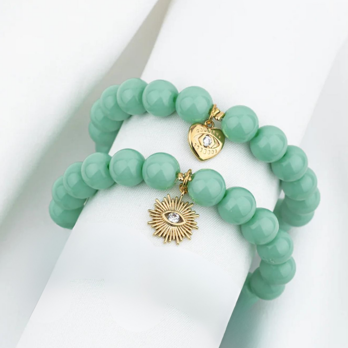 Aqua Beads Bracelet with Heart/Eye or Sun/Eye drop Charm Pendant in Gold by Shlomit Ofir