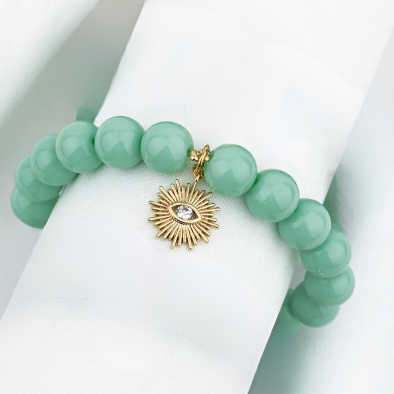Aqua Beads Bracelet with Heart/Eye or Sun/Eye drop Charm Pendant in Gold by Shlomit Ofir