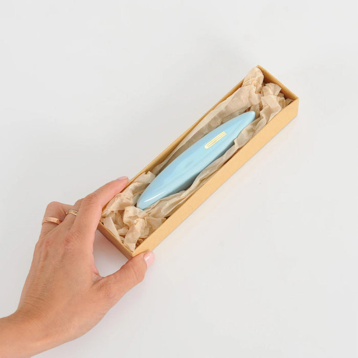 Clay Mezuzah in Pale Blue with Gold Shin by Mickala Design