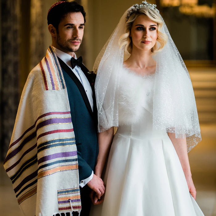 Silk/Cotton Hand Woven Multi Coloured Medium Tallit with Atara with Hebrew Blessing and Matching Bag/Kippah by Yair Emanuel