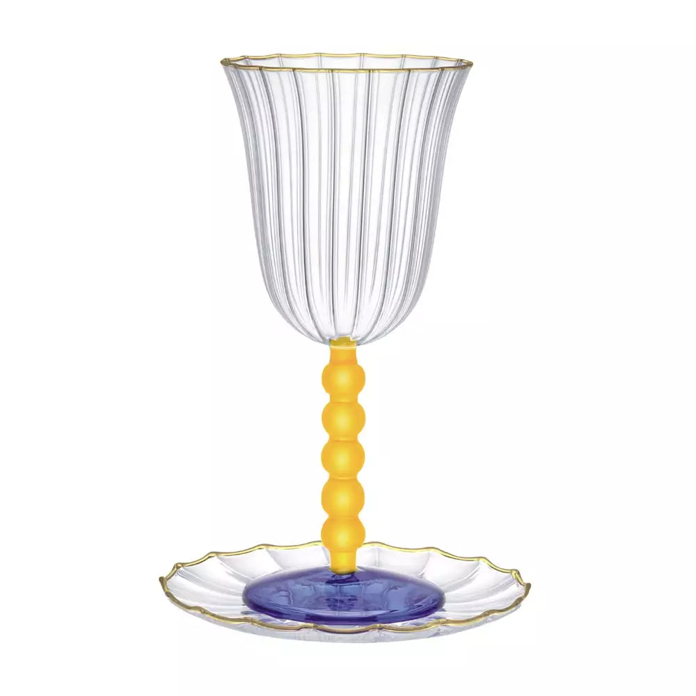 Glass Kiddush Cup or Elijahs Cup with Gold and Blue Pearl Stem & Matching Glass Gold Rim Plate by Aulicia