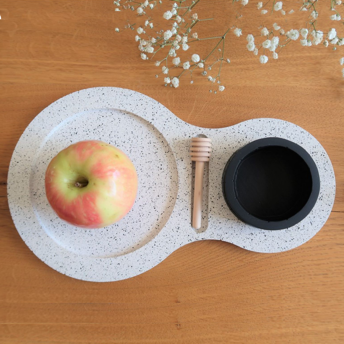 White Terrazzo Granite Apple Tray and Black Honey Bowl by Graciela