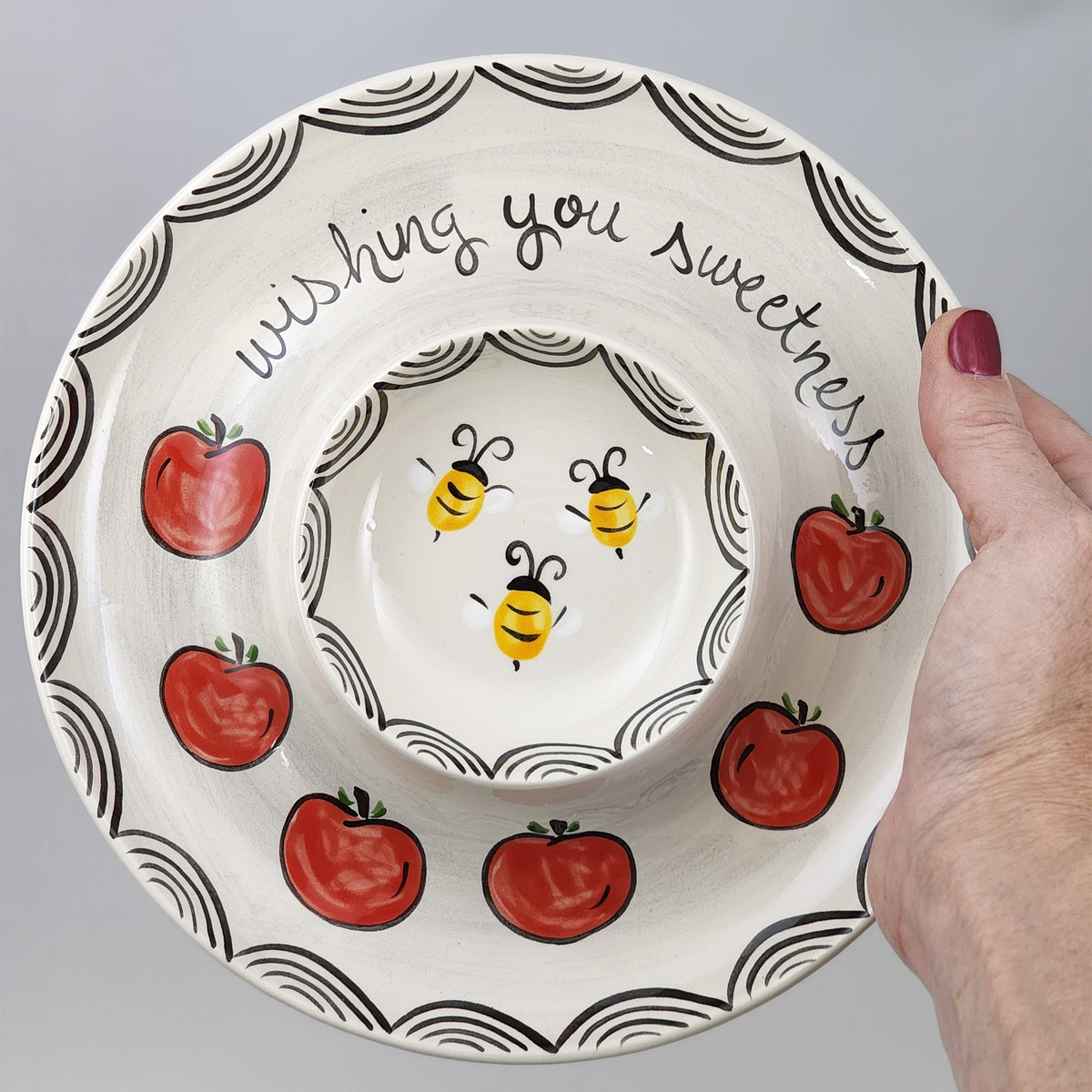 Hand Painted Ceramic Rosh Hashanah Apple and Honey Dish 'Wishing you Sweetness' by Suzaluna