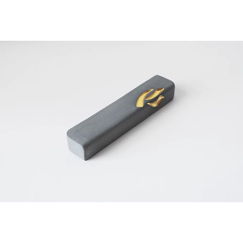 Ceramic Grey Mezuzah with Gold Shin by Yahalomis
