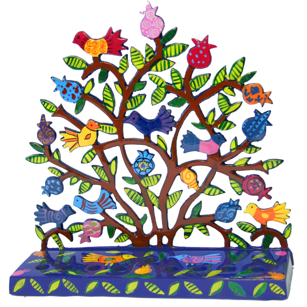 Hand Painted Chanukiah Birds in Pomegranate Tree by Yair Emanuel