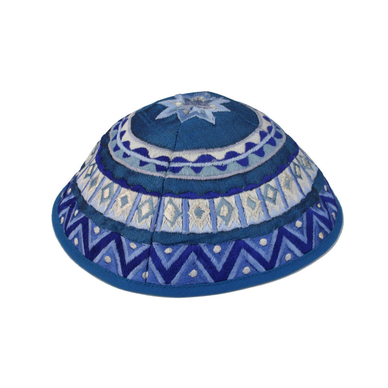 Abstract Embroidered Kippah in Blues by Yair Emanuel