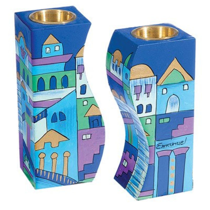 Hand Painted Wooden Shabbat Candlesticks Jerusalem by Yair Emanuel