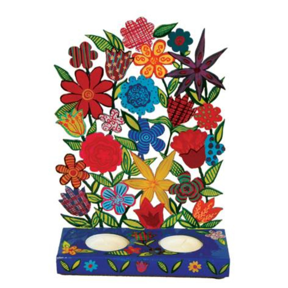 Painted Metal Laser Cut Flowers Shabbat Candlesticks by Yair Emanuel