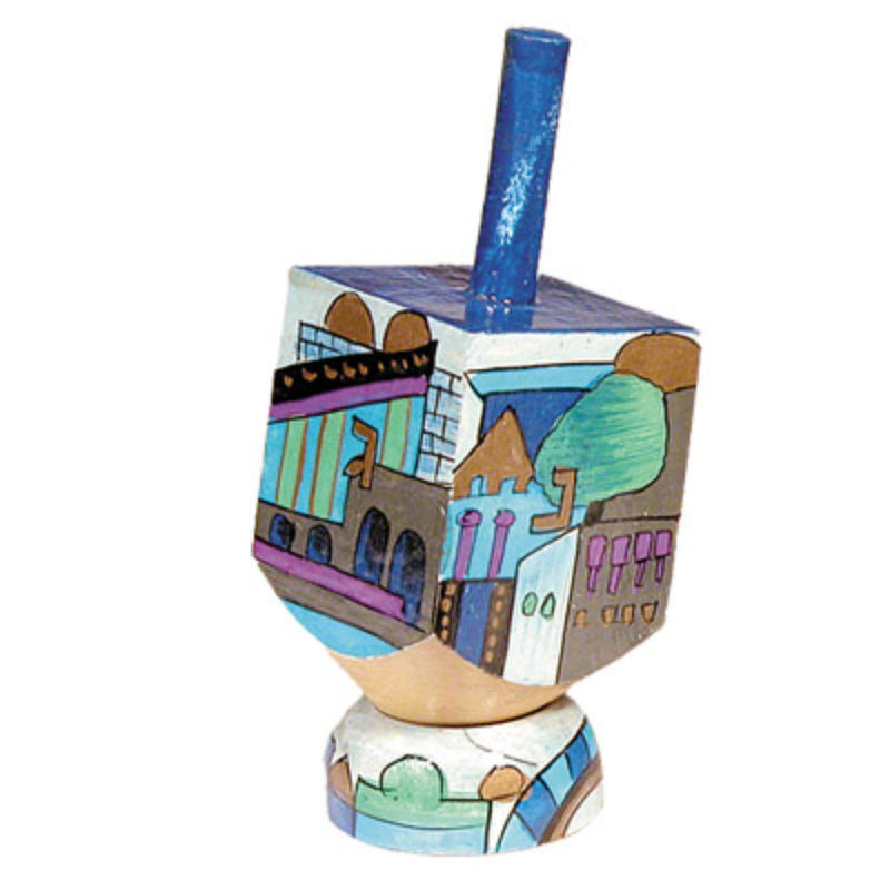 Wooden Jerusalem Vista Dreidel with Stand by Yair Emanuel