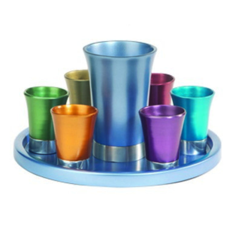 Anodised Aluminium Multi Coloured Kiddush Cup and 6 small cups by Yair Emanuel