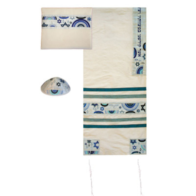 Embroidered Raw Silk Tallit with Matching Bag/Kippah in Star of David Rainbow in Blue/White by Yair Emanuel