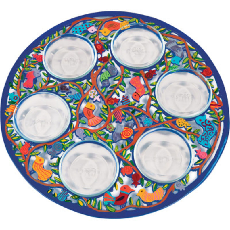 Seder Plate - Aluminum Hand Painted + Six Bowls - Birds by Yair Emanuel