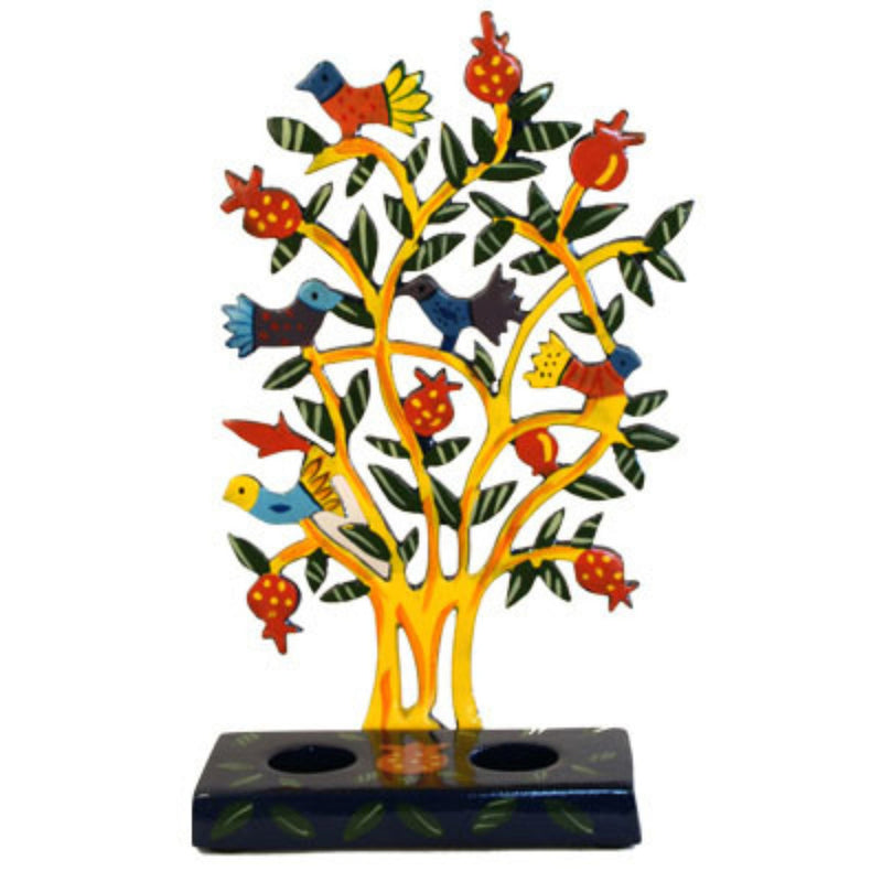 Birds & Pomegranates in Tree Shabbat Candlesticks by Yair Emanuel