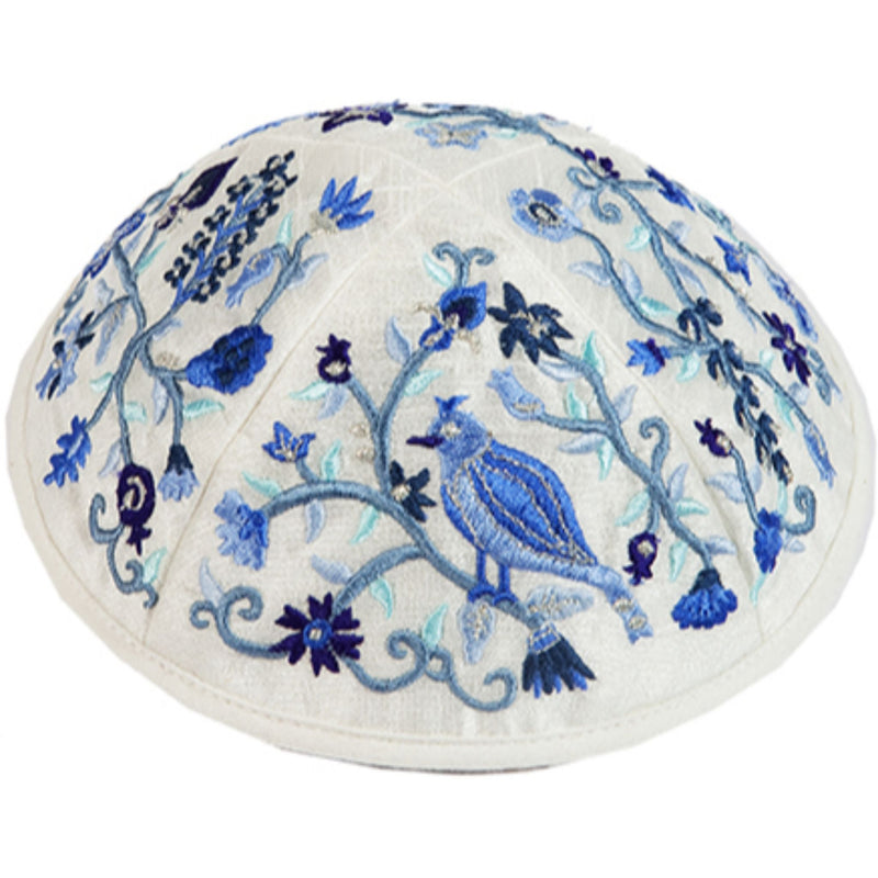 Birds Kippah in Blue Silk Embroidery by Yair Emanuel
