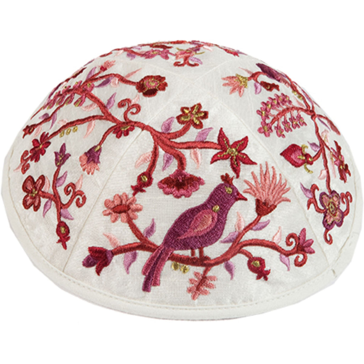 Birds Kippah in Maroon Silk Embroidery by Yair Emanuel