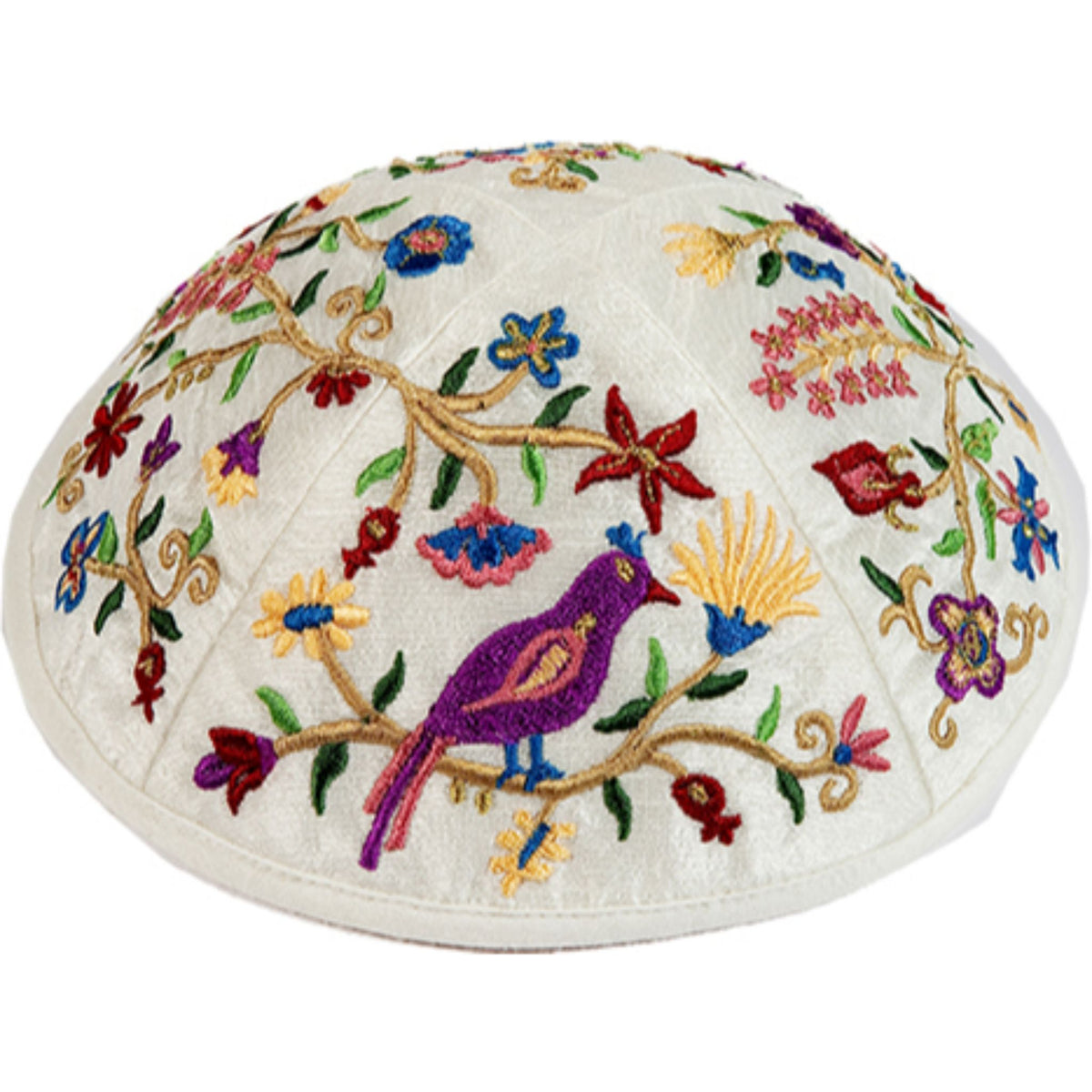 Birds Kippah Silk in Multi-coloured Embroidery by Yair Emanuel