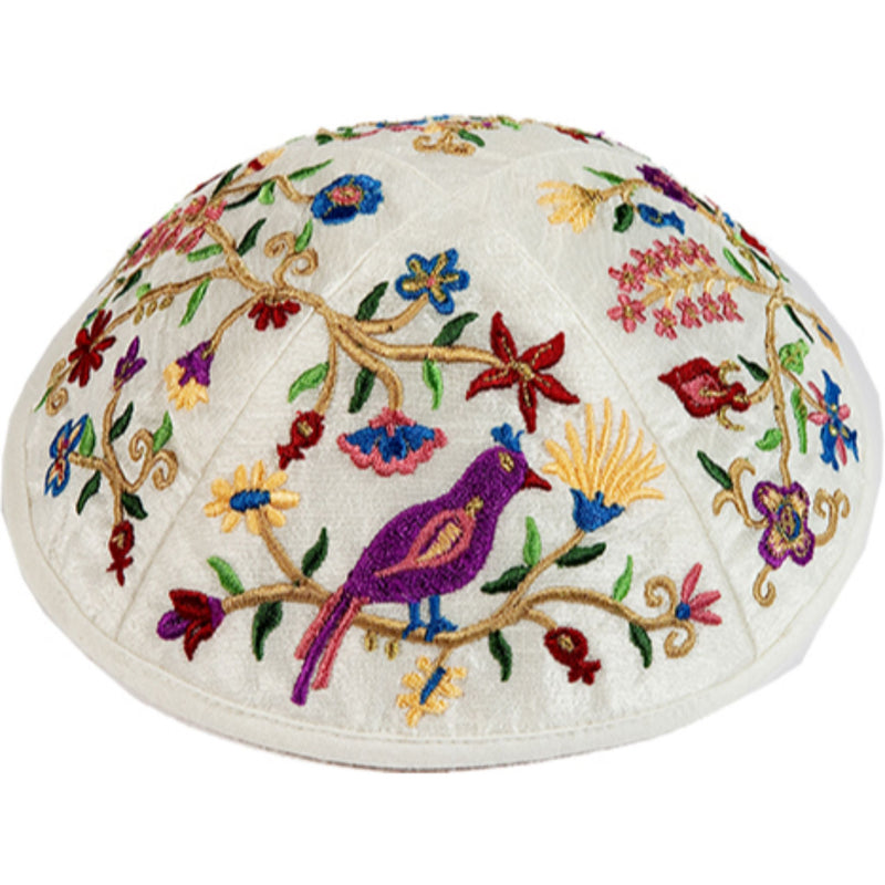 Birds Kippah Silk in Multi-coloured Embroidery by Yair Emanuel