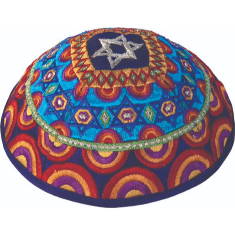 Embroidered Magen David Kippah in Multi-Colours by Yair Emanuel
