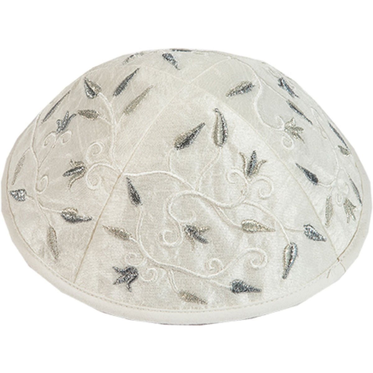 Embroidered Silk Kippah - Silver Flowers by Yair Emanuel